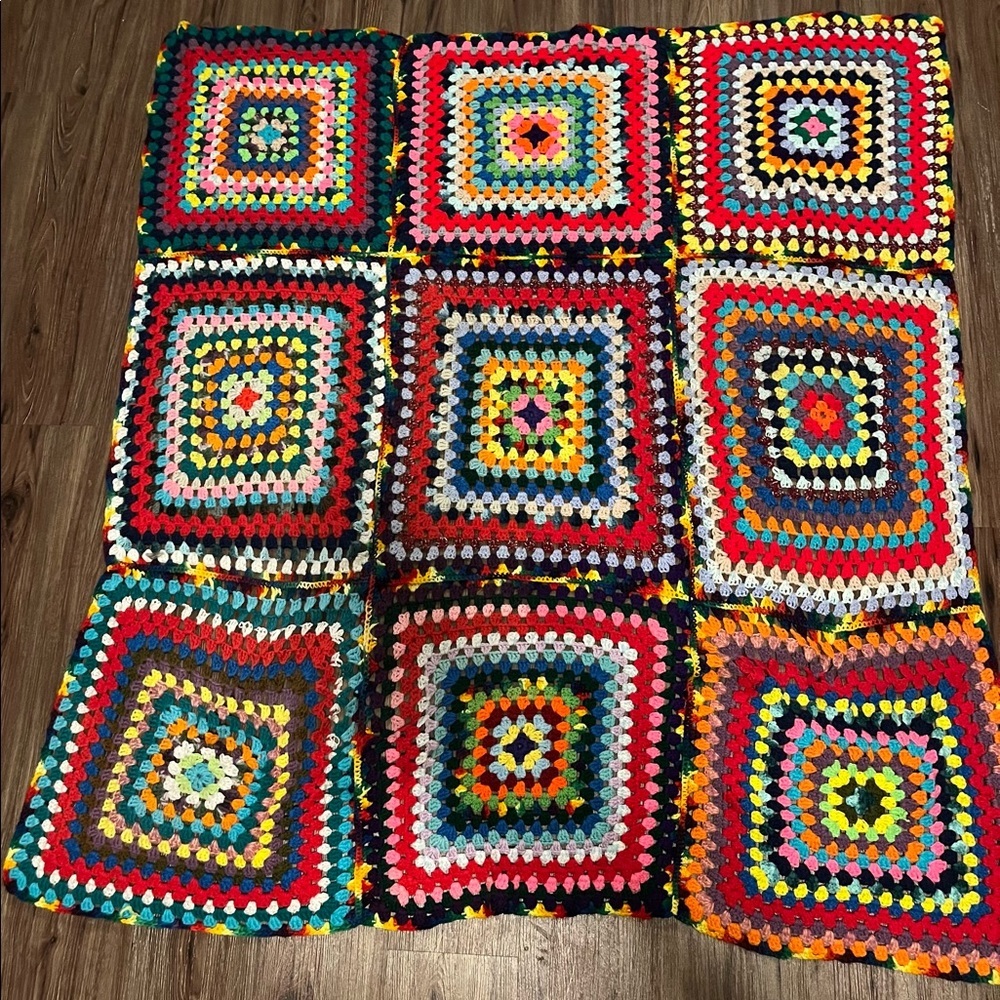 Vintage Crochet Granny‎ Square Afghan Multicolored 57”x61” Handmade EUC
